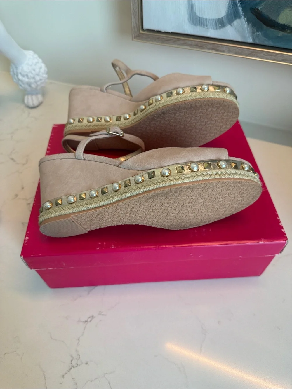 Suede Pearl-Stud Wedge Sandals - Blush